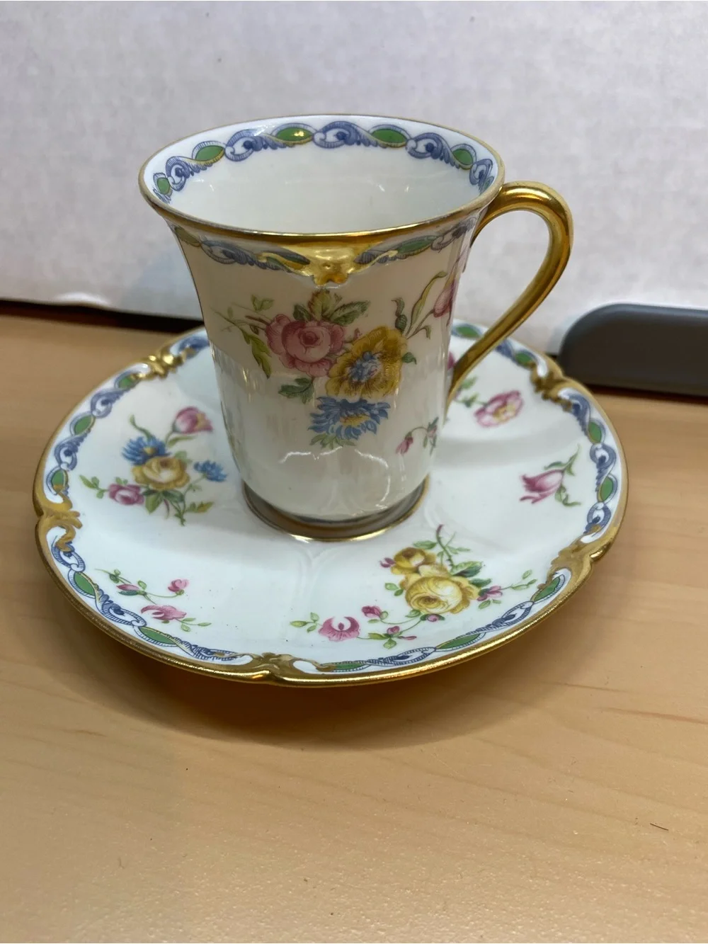 Vintage Porcelain Floral Demitasse Cup & Saucer - White with Gold Trim